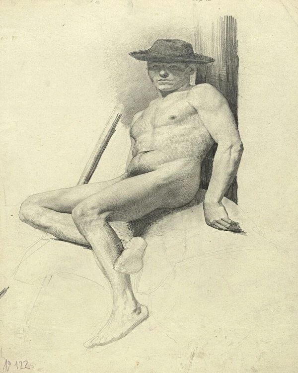 Siddende nøgen mand med hat - 1904