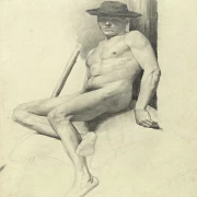 Siddende nøgen mand med hat - 1904