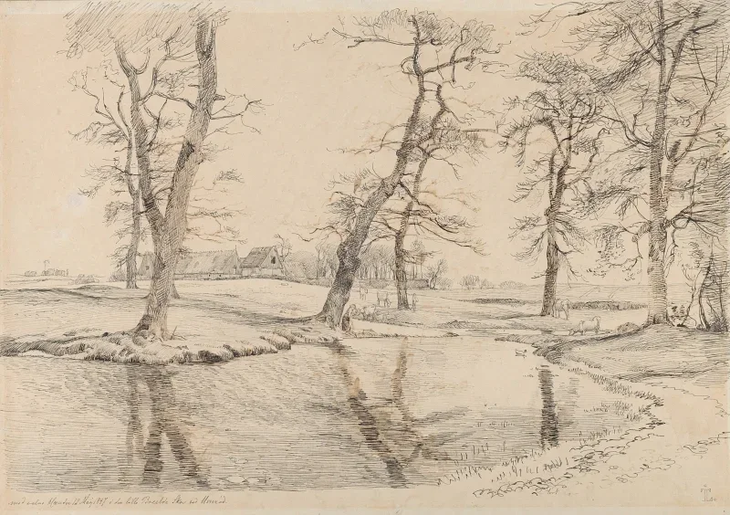 Johan T. Lundbye | Ein Bach in der Nähe eines Bauernhofs – 1847 | Gerahmter Kunstdruck | Goldenes Zeitalter Dänemark | formida
