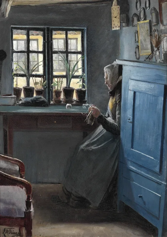 Laurits Andersen Ring | En gammel strikkende kone - 1891 | Indrammet kunsttryk | Realisme