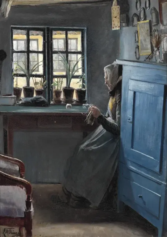 Laurits Andersen Ring | En gammel strikkende kone - 1891 | Indrammet kunsttryk | Realisme