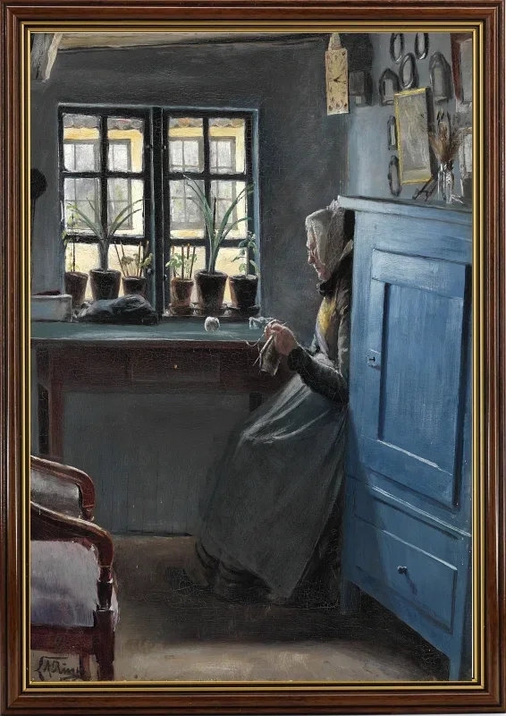 Laurits Andersen Ring | En gammel strikkende kone - 1891 | Indrammet kunsttryk | Realisme