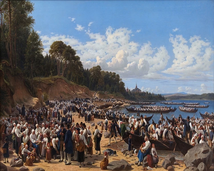 Kirchenbesucher kommen mit dem Boot an der Pfarrkirche an – 1853