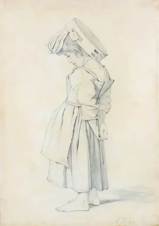 Albert Küchler | Ung italiensk bondepige med en tamburin på hovedet - 1838 | Indrammet kunsttryk | Danmarks Guldalder | formida