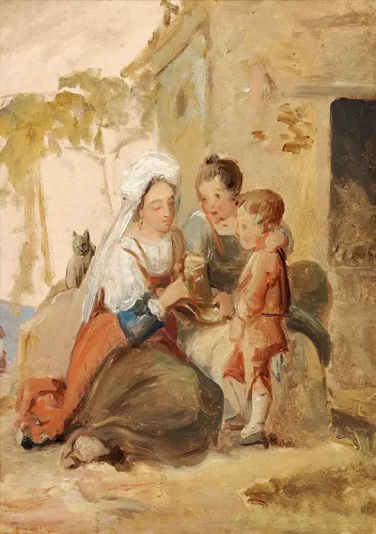 Albert Küchler | Ung italienerinde sætter blomster i en lille drengs hat - 1825 | Indrammet kunsttryk | Danmarks Guldalder | formida