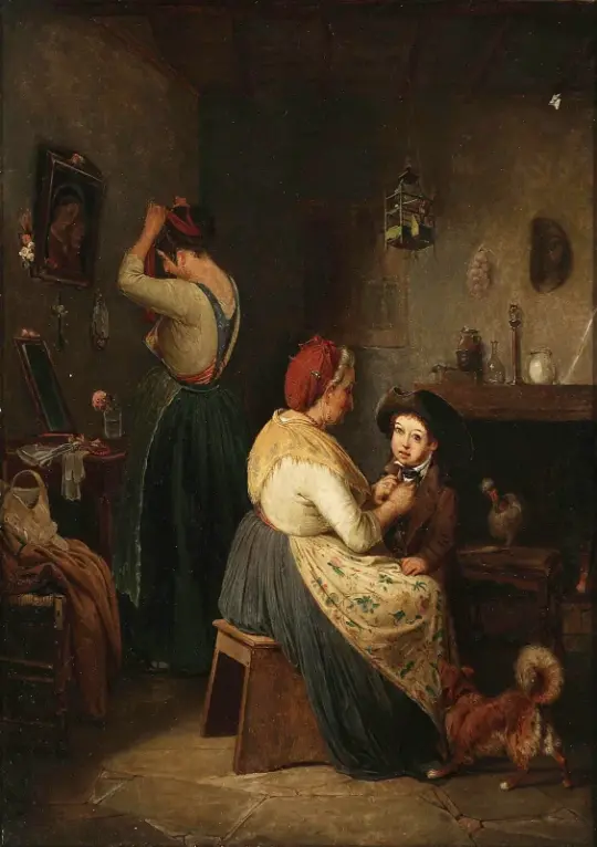 Albert Küchler | Bedstemoren pryder en lille dreng - 1839 | Indrammet kunsttryk | Danmarks Guldalder | formida