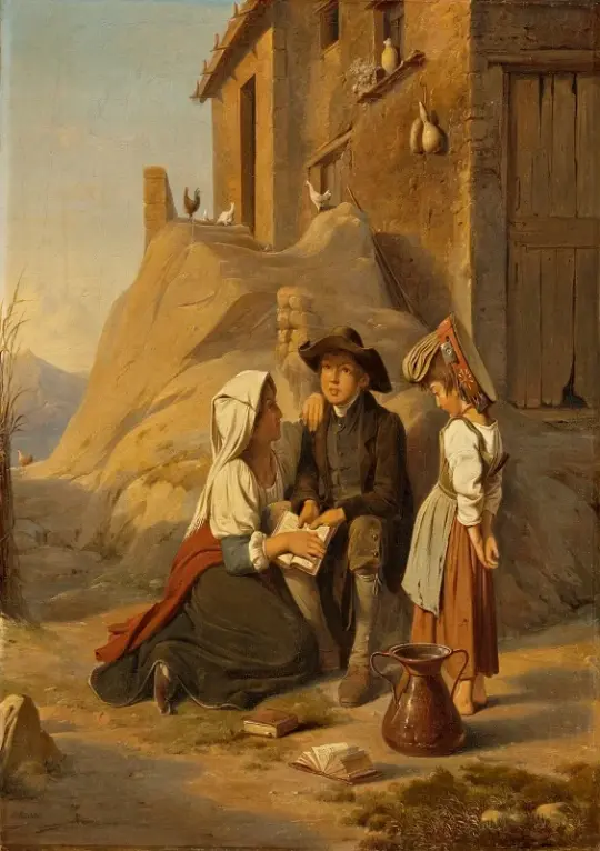 Albert Küchler | En ung abbat reciterer sin lektion for sin søster - 1838 | Indrammet kunsttryk | Danmarks Guldalder | formida
