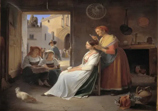 Albert Küchler | En ung italiensk kvinde bliver udsmykket af sin mor - 1835 | Indrammet kunsttryk | Danmarks Guldalder | formida