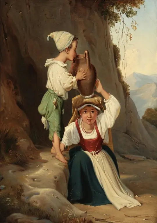 Albert Küchler | En italiensk dreng får en slurk af vandkrukken - 1825 | Indrammet kunsttryk | Danmarks Guldalder | formida