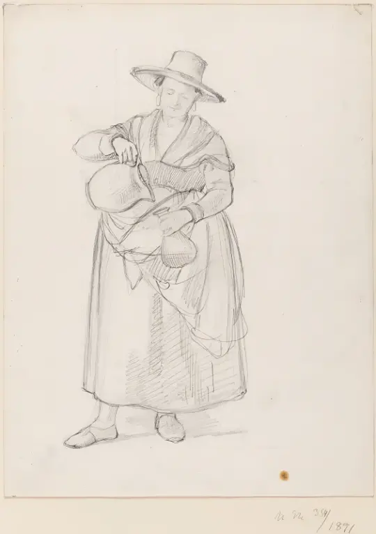 Albert Küchler | En kvinde med en hat på skødet - 1840 | Indrammet kunsttryk | Danmarks Guldalder | formida