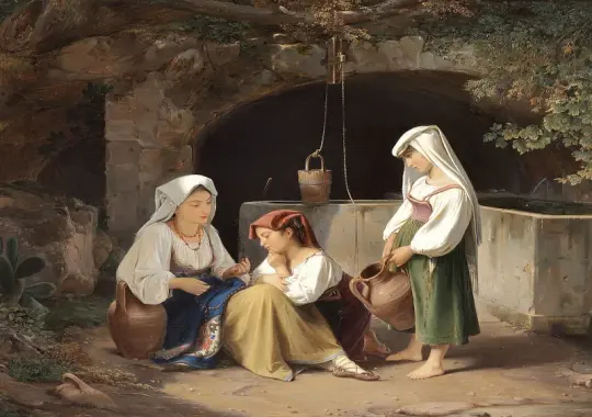 Albert Küchler | En ældre Pige lærer at bede på Rosenkrandsen - 1836 | Indrammet kunsttryk | Danmarks Guldalder | formida