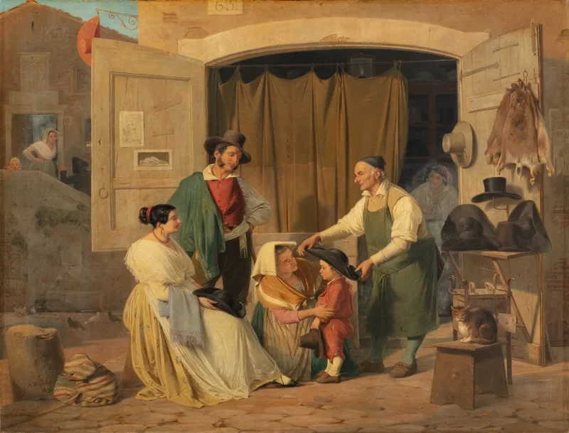 Albert Küchler – Römische Bauern kaufen einen Hut für ihren kleinen Sohn 1834 | Giclée Kunstdruck gerahmt