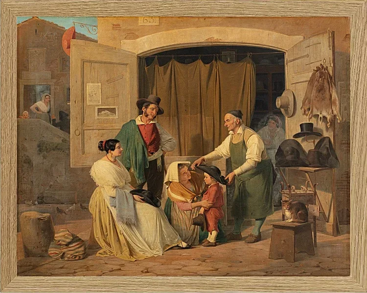 Albert Küchler – Römische Bauern kaufen einen Hut für ihren kleinen Sohn 1834 | Giclée Kunstdruck gerahmt