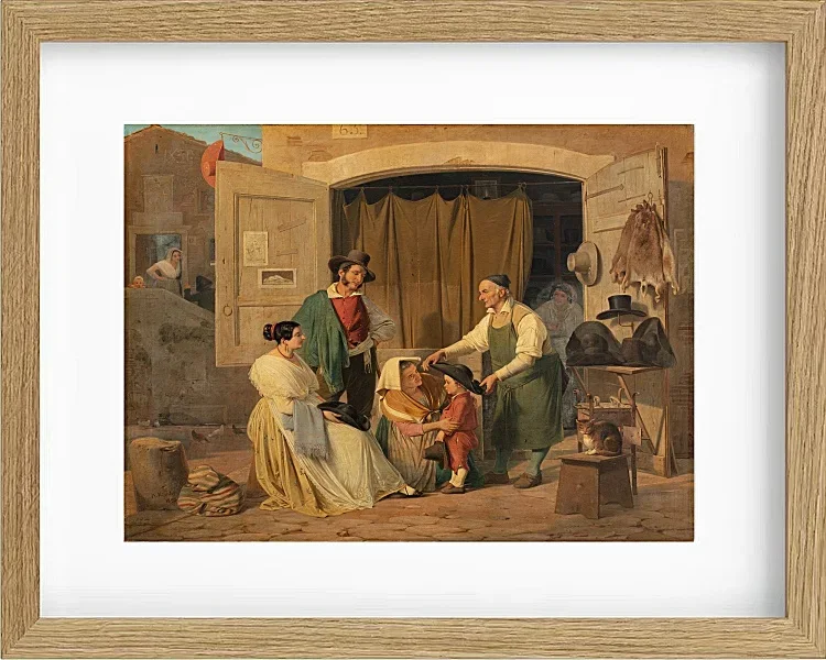 Albert Küchler – Römische Bauern kaufen einen Hut für ihren kleinen Sohn 1834 | Giclée Kunstdruck gerahmt