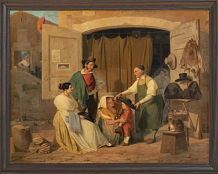 Albert Küchler – Römische Bauern kaufen einen Hut für ihren kleinen Sohn 1834 | Giclée Kunstdruck gerahmt