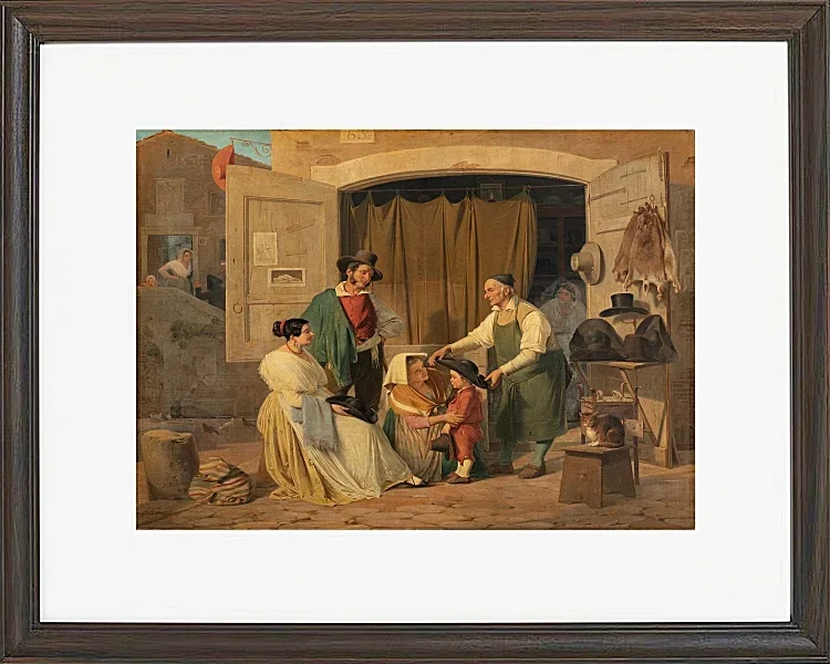 Albert Küchler – Römische Bauern kaufen einen Hut für ihren kleinen Sohn 1834 | Giclée Kunstdruck gerahmt