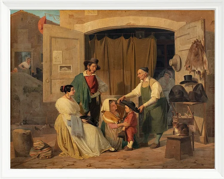 Albert Küchler – Römische Bauern kaufen einen Hut für ihren kleinen Sohn 1834 | Giclée Kunstdruck gerahmt