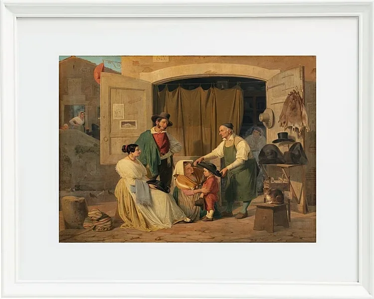 Albert Küchler – Römische Bauern kaufen einen Hut für ihren kleinen Sohn 1834 | Giclée Kunstdruck gerahmt