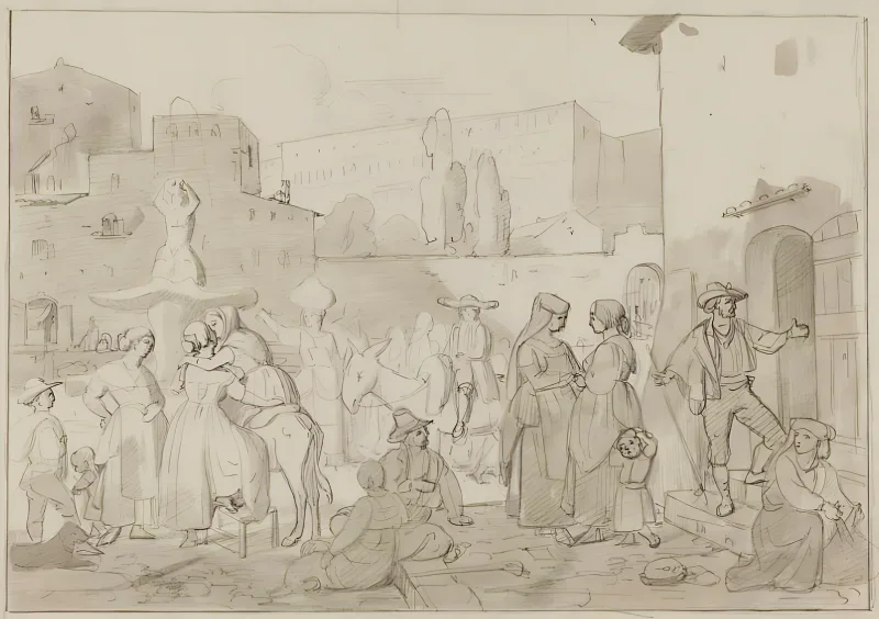 Albert Küchler | Volksleben auf der Piazza Barberini – 1823 | Gerahmter Kunstdruck | Goldenes Zeitalter Dänemark | formida