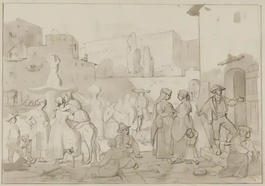 Albert Küchler | Volksleben auf der Piazza Barberini – 1823 | Gerahmter Kunstdruck | Goldenes Zeitalter Dänemark | formida