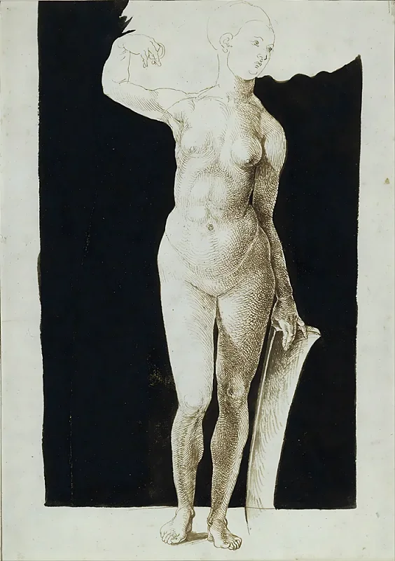 Albrecht Dürer | Proportionsstudie eines weiblichen Aktes mit Schild – 1500 | Gerahmter Kunstdruck | Renaissance | formida