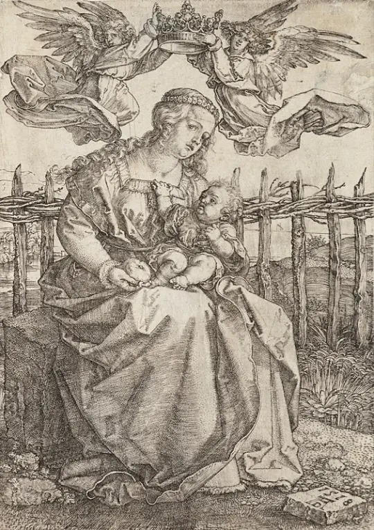 Albrecht Dürer | Jomfru Maria kronet af to engle - 1471 | Indrammet kunsttryk | Renæssance | formida