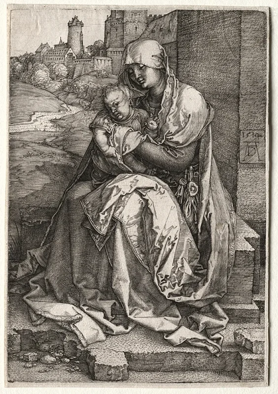 Albrecht Dürer | Jomfru Maria og barnet siddende ved muren - 1514 | Indrammet kunsttryk | Renæssance | formida