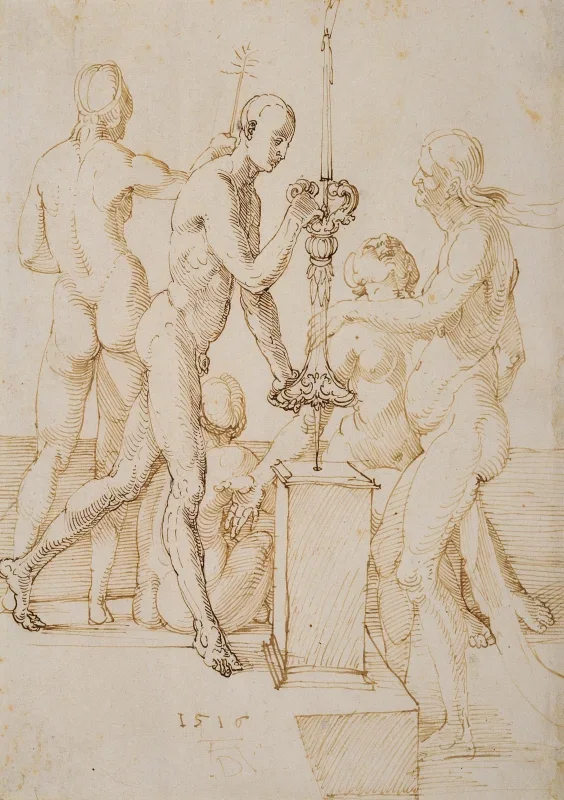 Albrecht Dürer | Fem nøgne omkring en brændende kandelaber - 1516 | Indrammet kunsttryk | Renæssance | formida