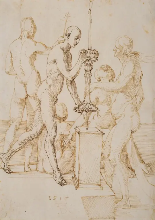 Albrecht Dürer | Fem nøgne omkring en brændende kandelaber - 1516 | Indrammet kunsttryk | Renæssance | formida