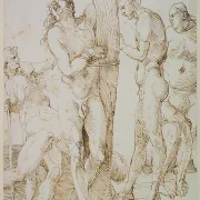 Albrecht Dürer | Seks nøgne figurer, i midten en mand bundet til et træ - 1515 | Indrammet kunsttryk | Renæssance | formida