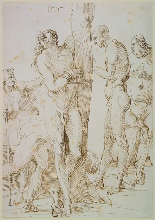 Albrecht Dürer | Seks nøgne figurer, i midten en mand bundet til et træ - 1515 | Indrammet kunsttryk | Renæssance | formida