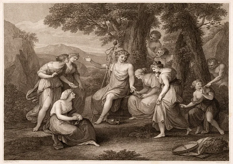 Angelica Kauffman | Bacchus blandt ensomme klipper, der lærer nymferne at digte vers - 1801 | Indrammet kunsttryk | Klassicisme | formida