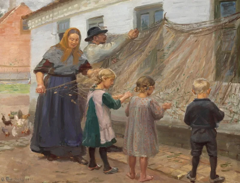 Anna Ancher - Die Fischernetze reinigen 1911 | Giclée Kunstdruck gerahmt