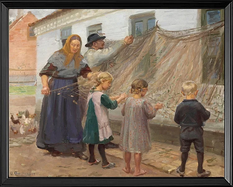 Anna Ancher - Die Fischernetze reinigen 1911 | Giclée Kunstdruck gerahmt