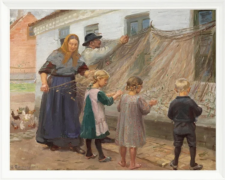 Anna Ancher - Die Fischernetze reinigen 1911 | Giclée Kunstdruck gerahmt