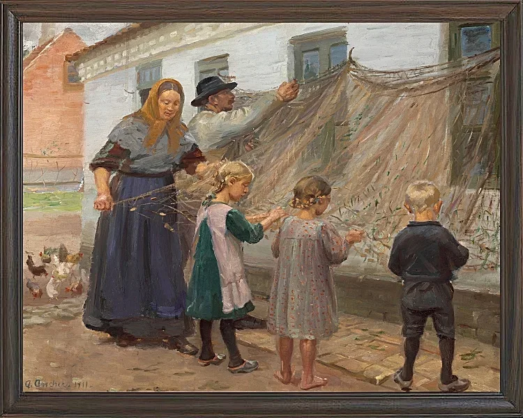 Anna Ancher - Die Fischernetze reinigen 1911 | Giclée Kunstdruck gerahmt