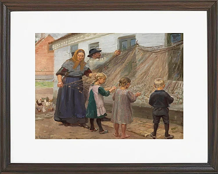 Anna Ancher - Die Fischernetze reinigen 1911 | Giclée Kunstdruck gerahmt