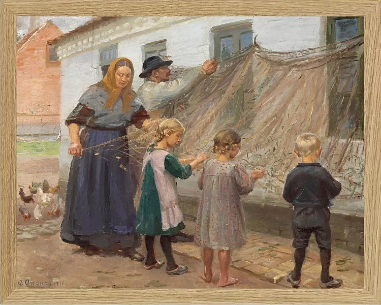 Anna Ancher - Die Fischernetze reinigen 1911 | Giclée Kunstdruck gerahmt