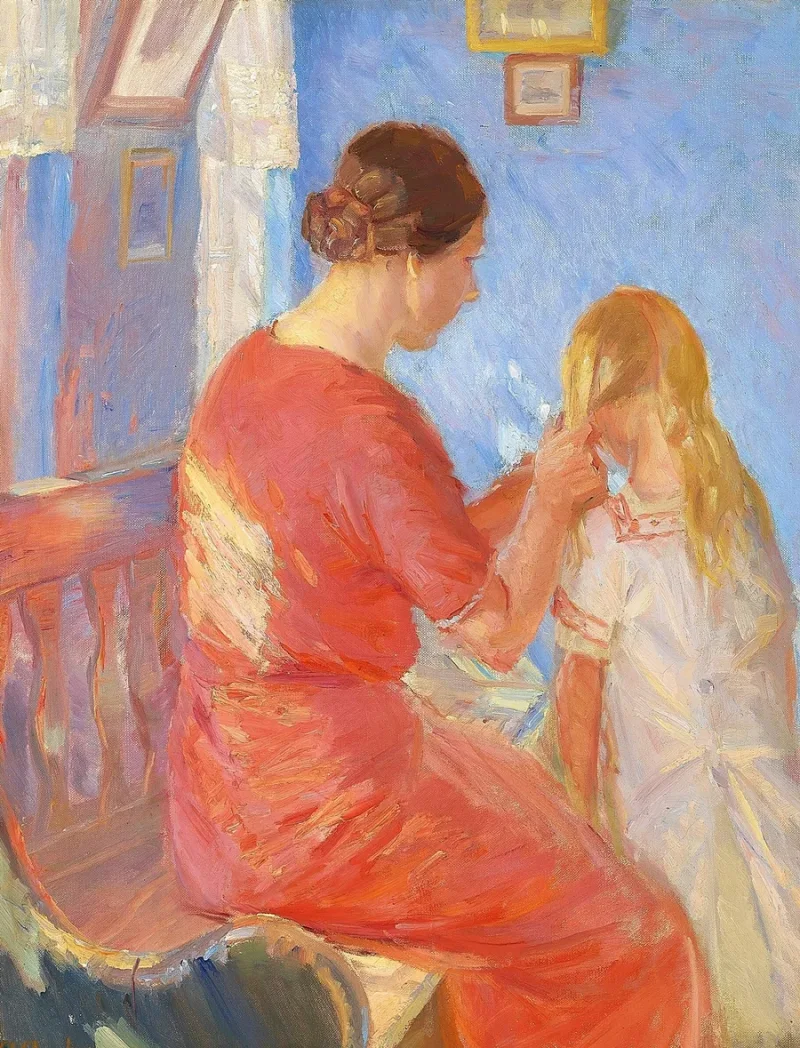 Anna Ancher - Die Mutter flechtet dem Kind die Haare 1882 | Giclée Kunstdruck gerahmt