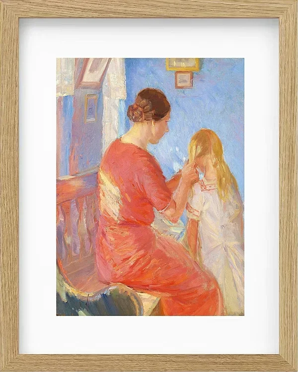 Anna Ancher - Die Mutter flechtet dem Kind die Haare 1882 | Giclée Kunstdruck gerahmt