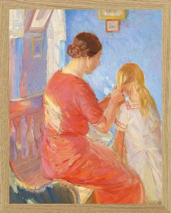 Anna Ancher - Die Mutter flechtet dem Kind die Haare 1882 | Giclée Kunstdruck gerahmt