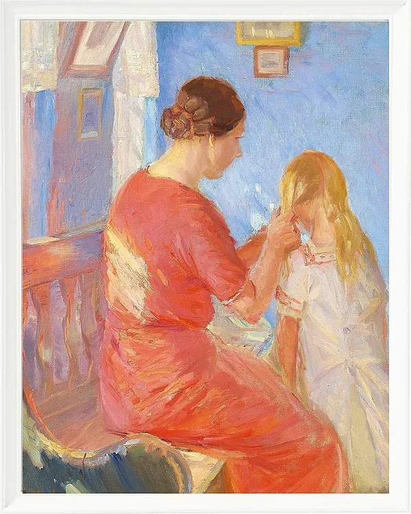 Anna Ancher - Die Mutter flechtet dem Kind die Haare 1882 | Giclée Kunstdruck gerahmt