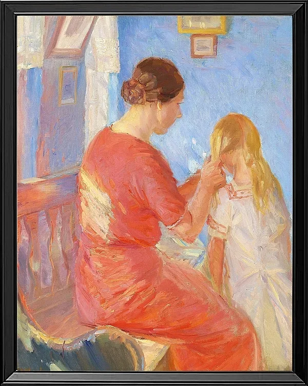 Anna Ancher - Die Mutter flechtet dem Kind die Haare 1882 | Giclée Kunstdruck gerahmt