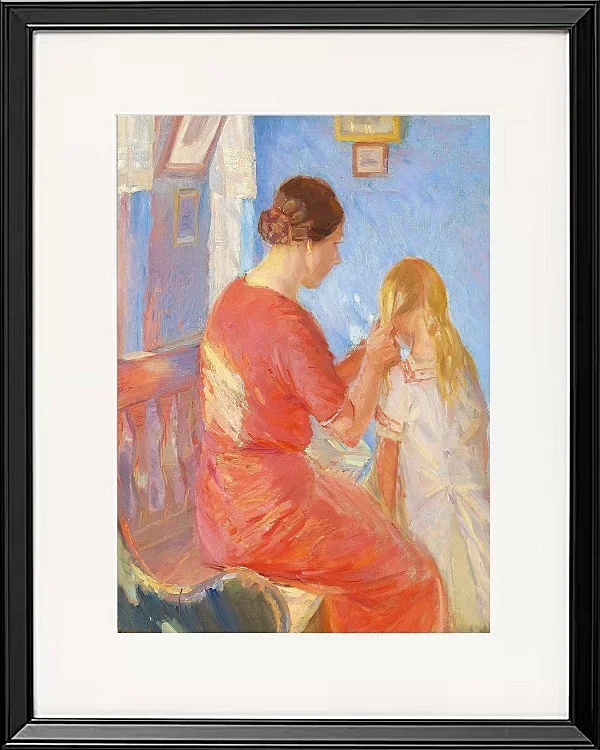 Anna Ancher - Die Mutter flechtet dem Kind die Haare 1882 | Giclée Kunstdruck gerahmt