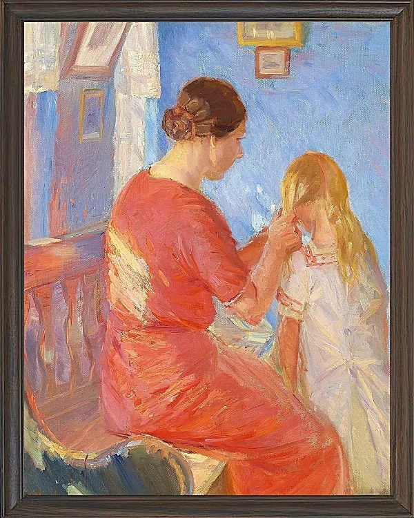 Anna Ancher - Die Mutter flechtet dem Kind die Haare 1882 | Giclée Kunstdruck gerahmt