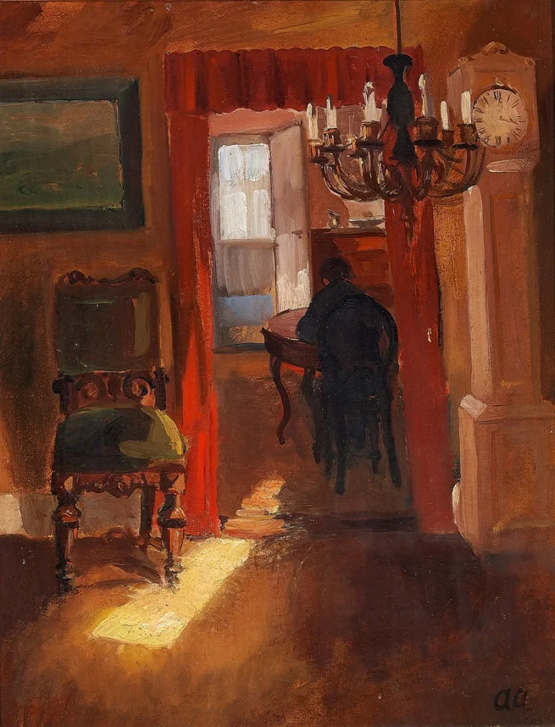 Anna Ancher - Skagen-Interieur mit einem Sonnenstreifen auf dem Boden 1905 | Giclée Kunstdruck gerahmt