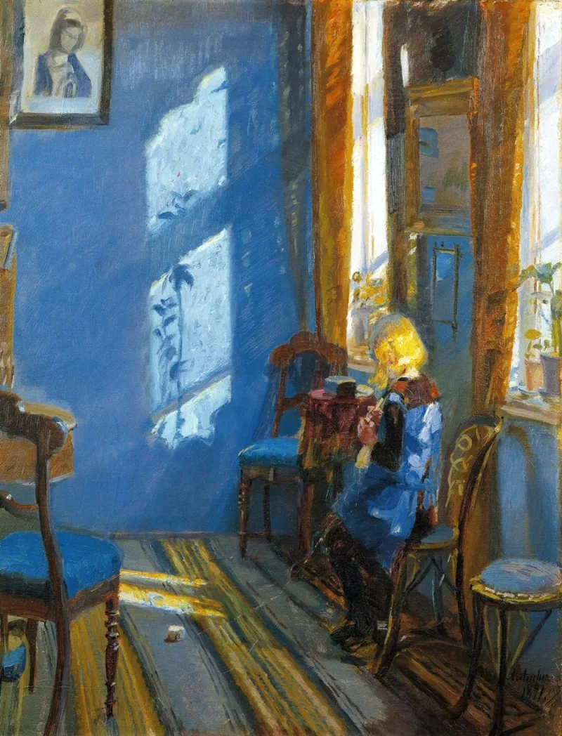 Anna Ancher - Sonnenlicht im blauen Zimmer 1891 | Giclée Kunstdruck gerahmt