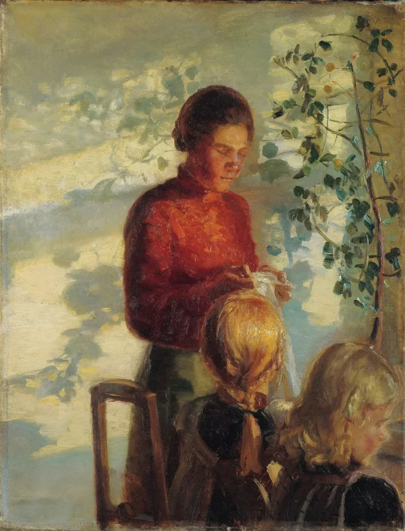 Anna Ancher - Zwei kleine Mädchen lernen das Nähen 1910 | Giclée Kunstdruck gerahmt