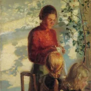 Anna Ancher - Zwei kleine Mädchen lernen das Nähen 1910 | Giclée Kunstdruck gerahmt