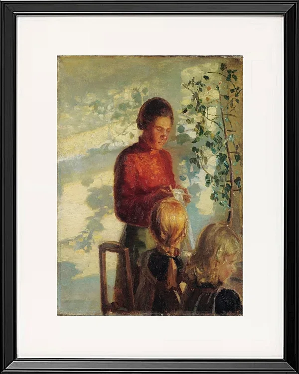 Anna Ancher - Zwei kleine Mädchen lernen das Nähen 1910 | Giclée Kunstdruck gerahmt
